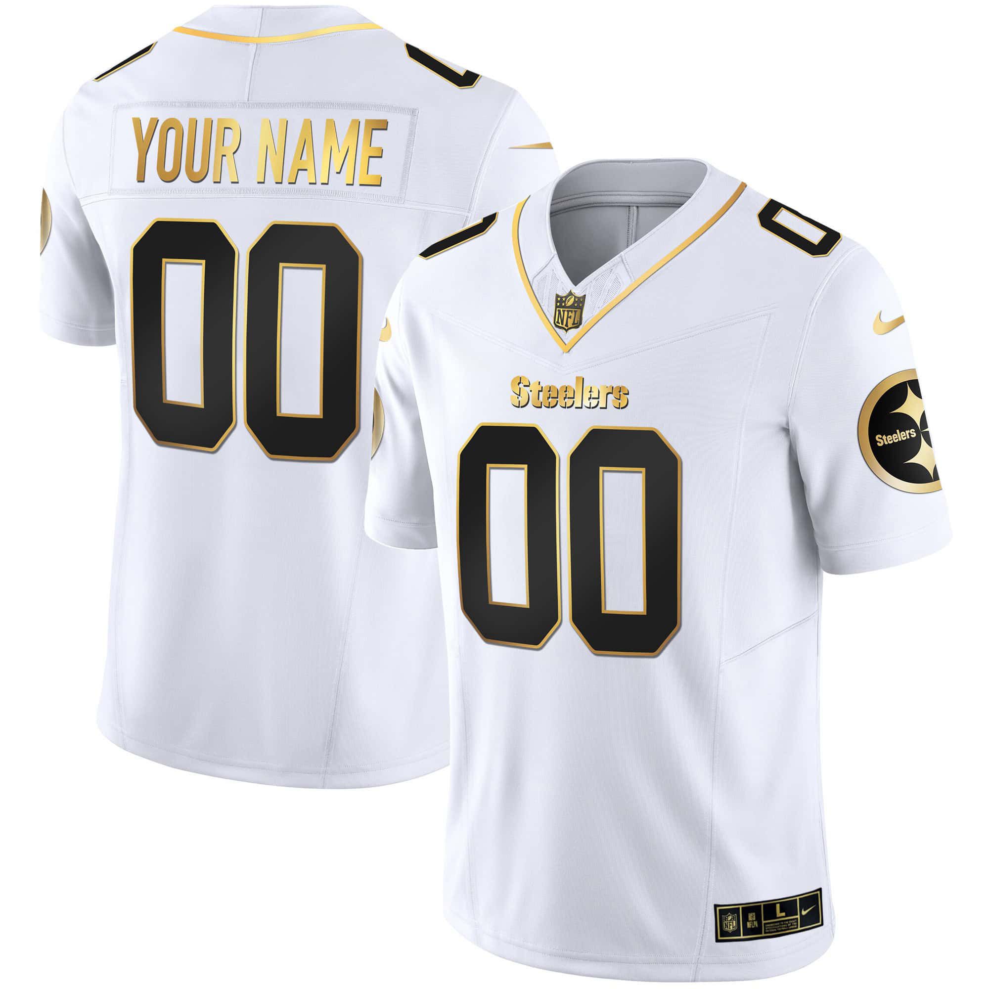 Men Pittsburgh Steelers White Gold 2024 Nike Vapor Limited Custom NFL Jersey